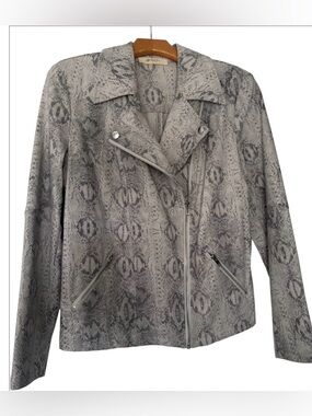 Snake Print Moto Jacket - Light Gray- Size X (10-12)